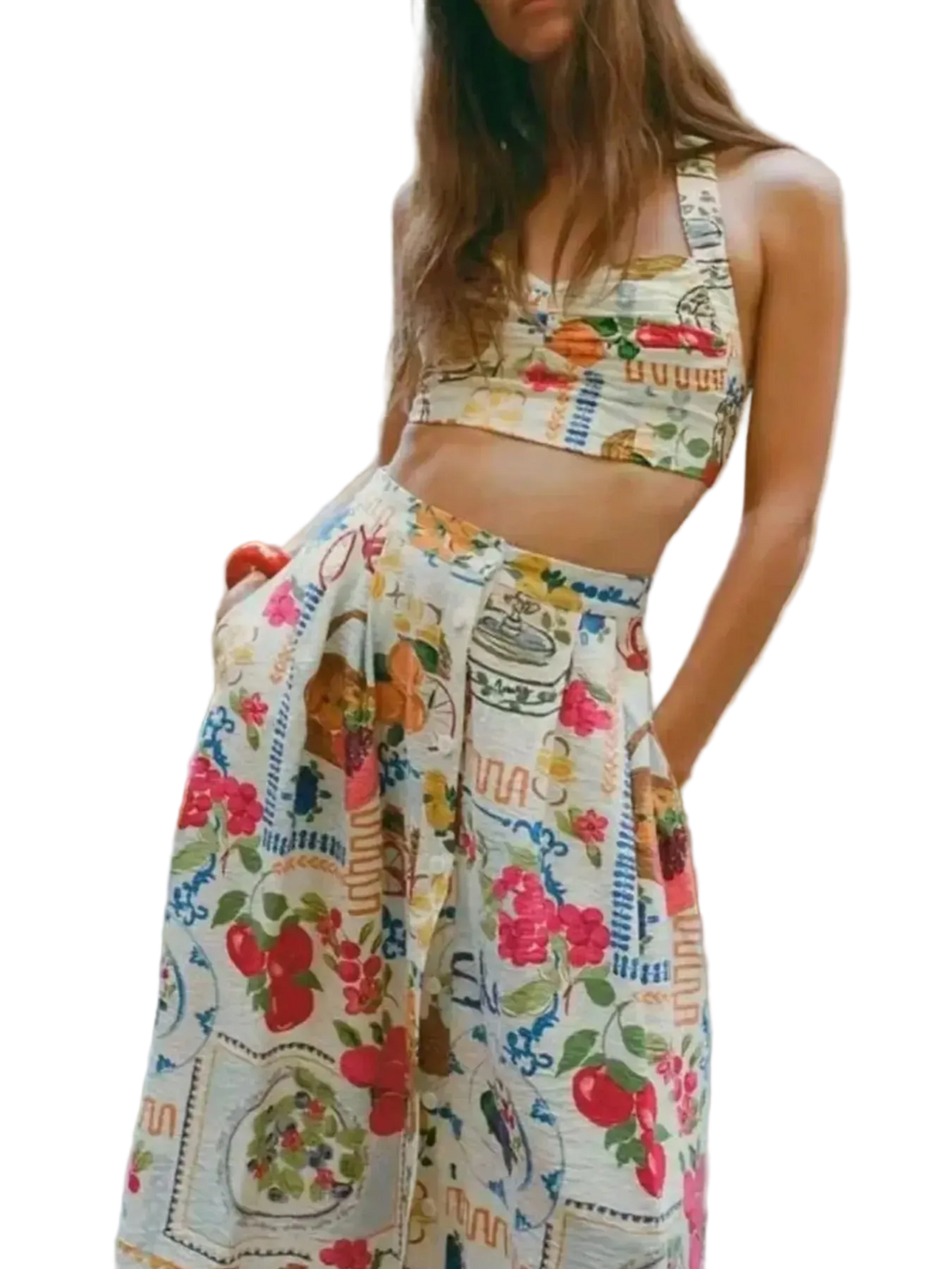 Printed cami and skirt set featuring ruched detailing, pockets, buttons, and slit, made of 100% polyester.