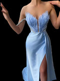 Feather embellished slit maxi dress with 100% polyester fabric and no stretch