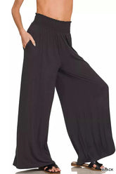 Zenana smocked waist wide leg palazzo pants with side pockets and drawstring in lightweight fabric