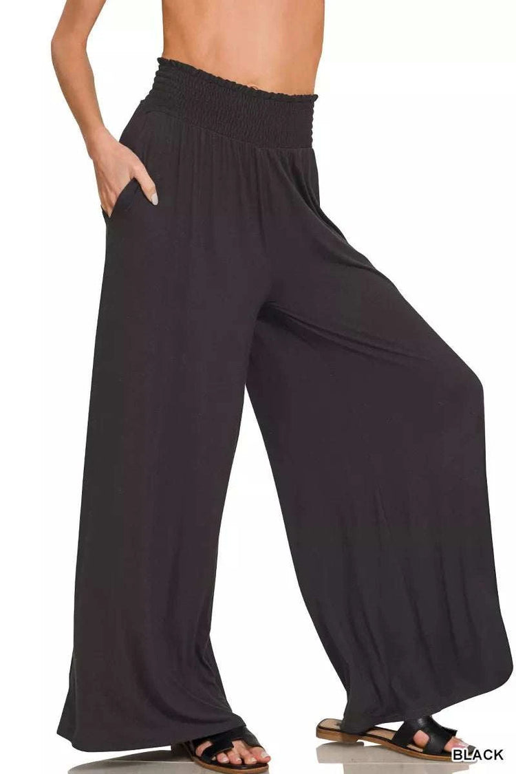 Zenana smocked waist wide leg palazzo pants with side pockets and drawstring in lightweight fabric