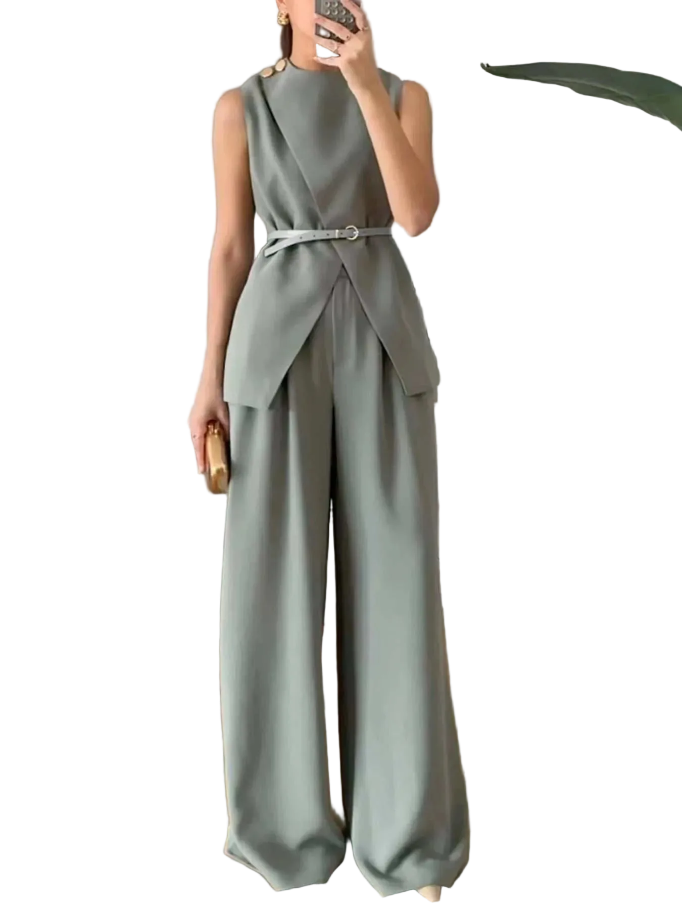Sleeveless top and belted pants set made of 100% polyester, two-piece outfit with no stretch, available in multiple sizes