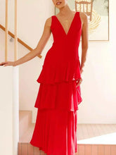Sleeveless ruffled layered backless maxi dress in polyester with tied details and no stretch