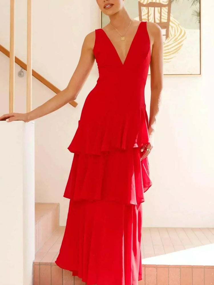 Sleeveless ruffled layered backless maxi dress in polyester with tied details and no stretch