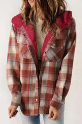 Fleece lined plaid hooded jacket with buttons and pockets, 100% polyester, machine washable