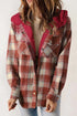 Fleece lined plaid hooded jacket with buttons and pockets, 100% polyester, machine washable