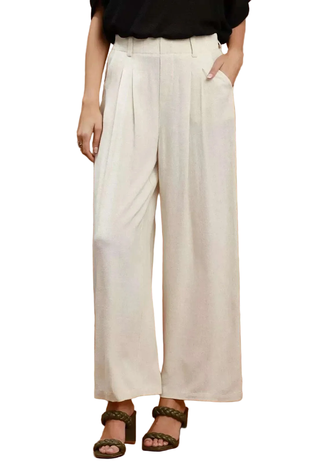 Umgee High Waist linen blend wide leg trousers with pleats and pockets in breathable fabric