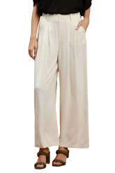 Umgee High Waist linen blend wide leg trousers with pleats and pockets in breathable fabric