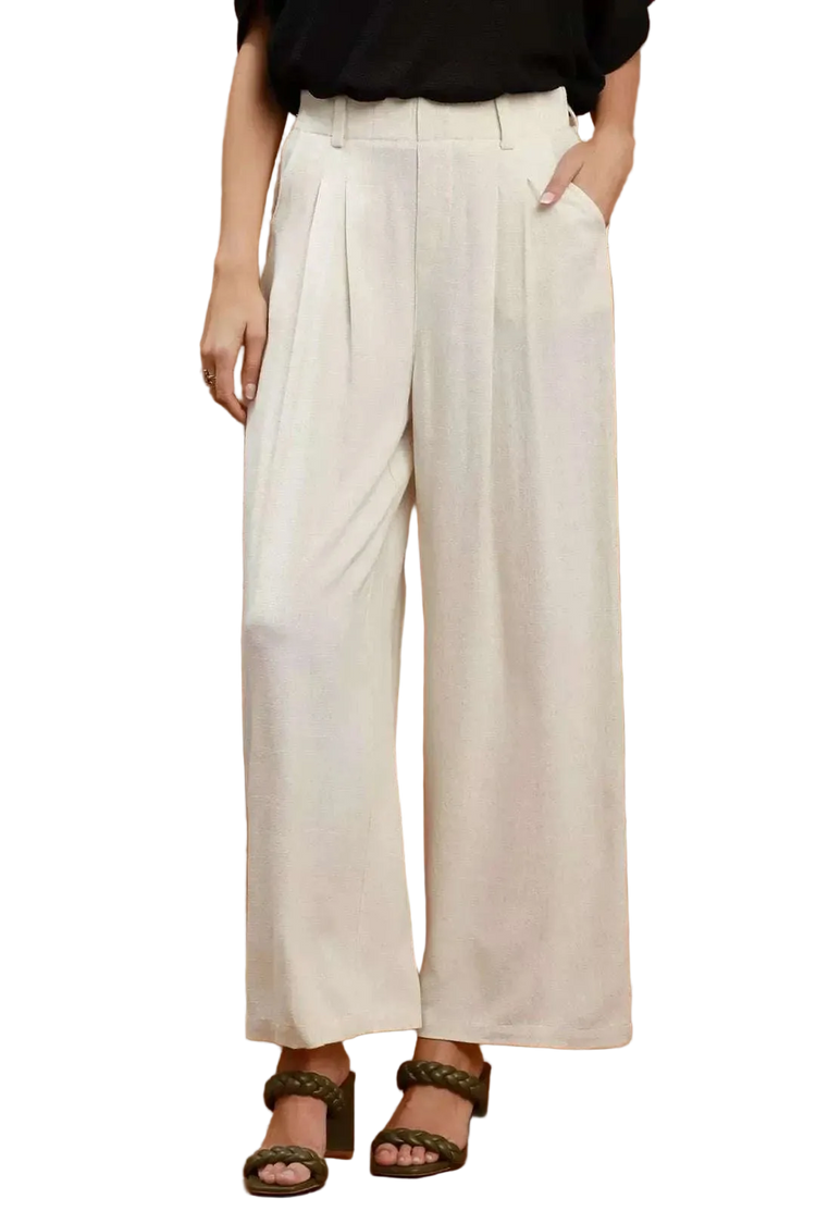 Umgee High Waist linen blend wide leg trousers with pleats and pockets in breathable fabric