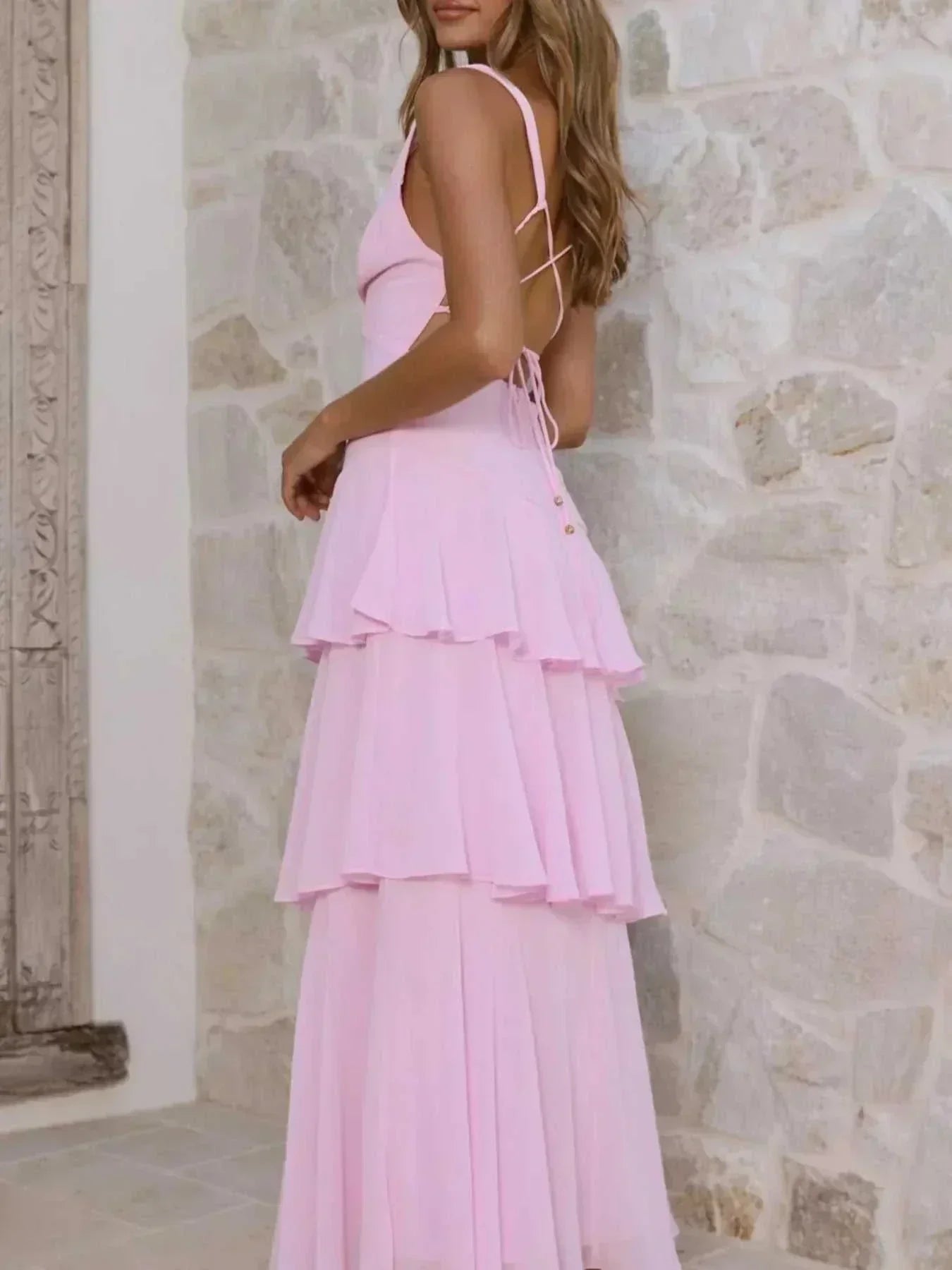 Sleeveless ruffled layered backless maxi dress with ties and no stretch in 100% polyester