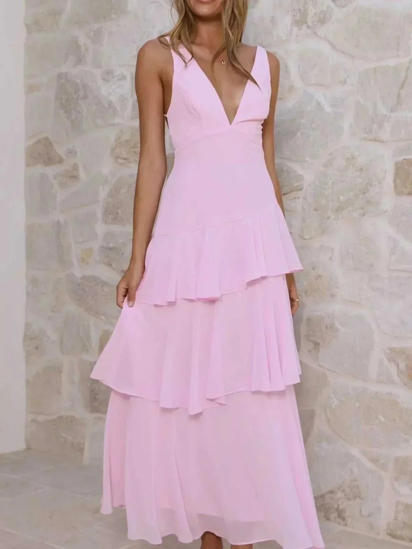 Sleeveless ruffled layered backless maxi dress in polyester with tied details and no stretch