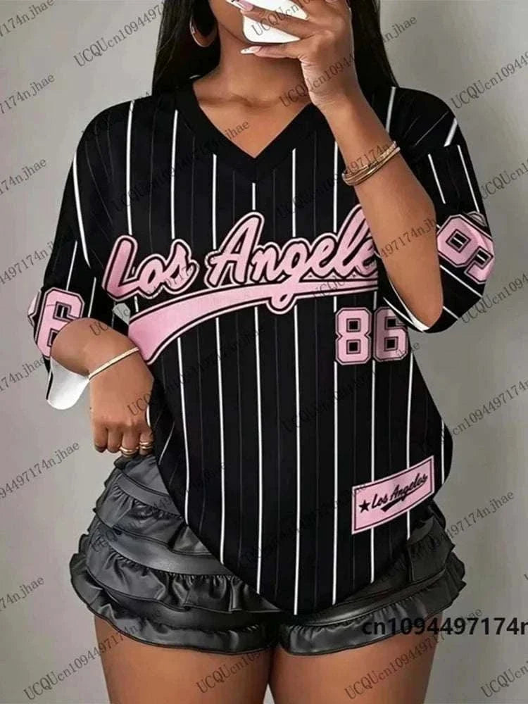 Women wearing oversized V-neck striped Los Angeles No.86 print sports tee