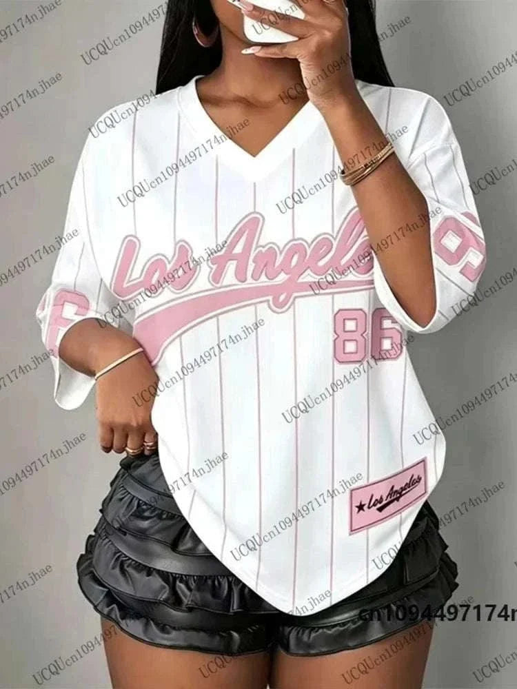 Women wearing oversized V-neck striped summer T-shirt with Los Angeles No.86 print