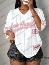 Women wearing oversized V-neck striped summer T-shirt with Los Angeles No.86 print
