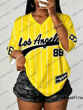 Women oversized V-neck summer t-shirt with stripe Los Angeles No.86 print